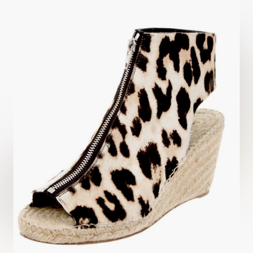 Céline Leather Leopard Print Pony Hair Peep Toe Espadrille Wedges